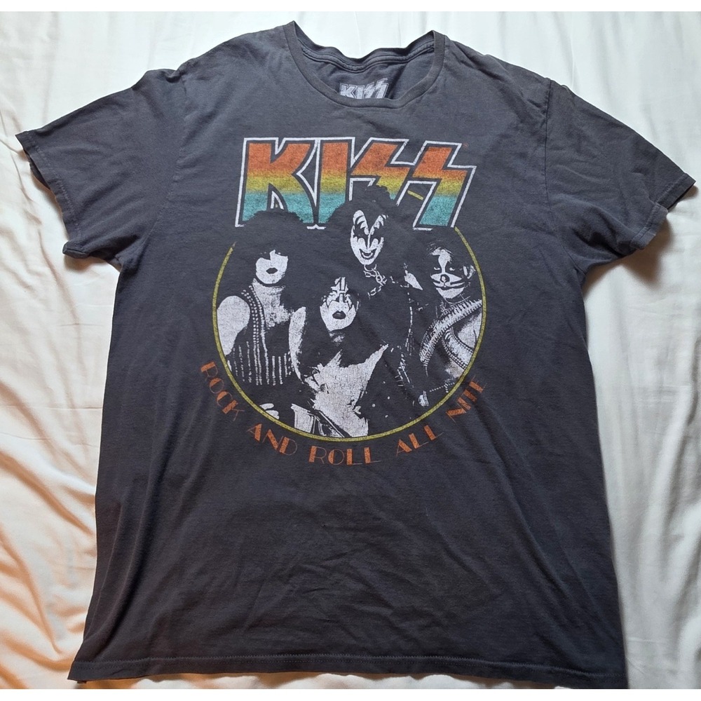 KISS Band Shirt Mens L Gray Mad Engine Rock And Roll All Nite Classic Metal Tee